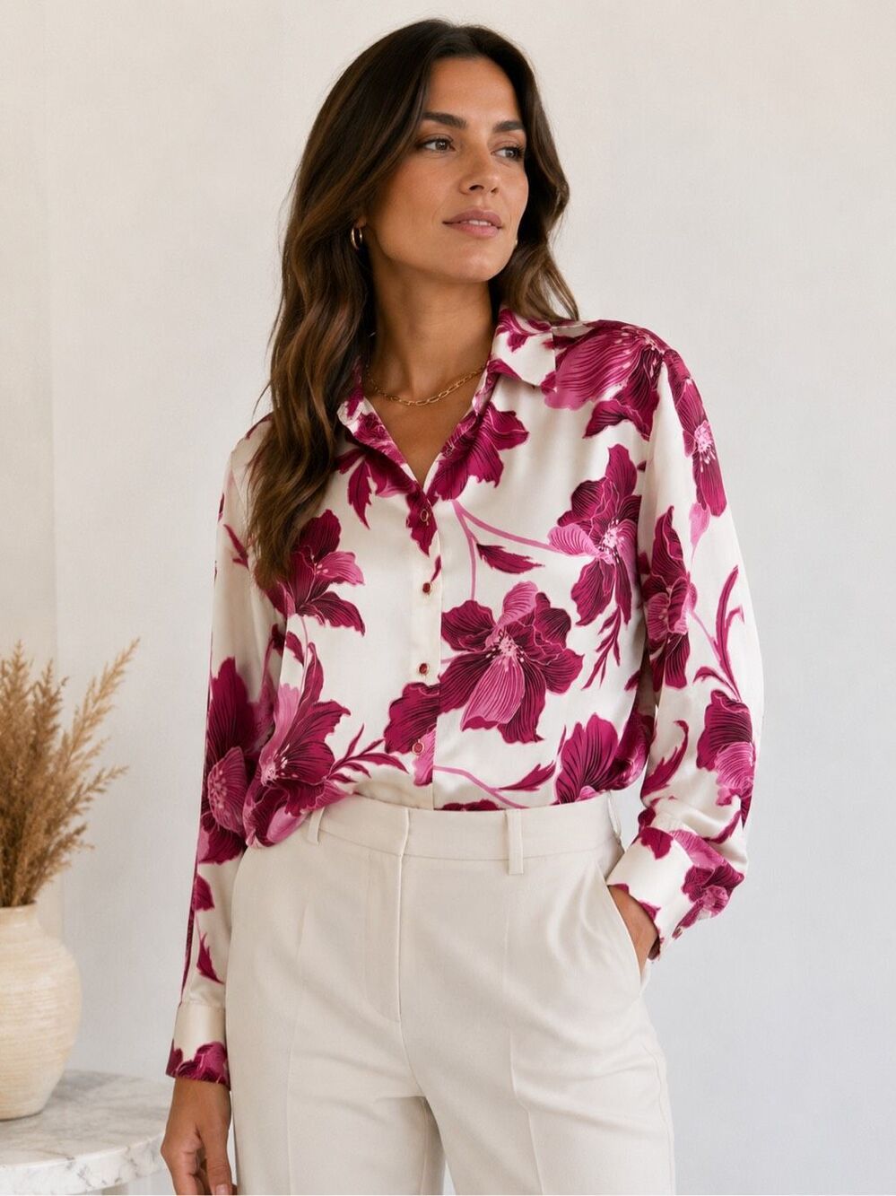 Bailey 44 Pink Floral Satin Button Down Blouse Long Sleeve Top Size XS